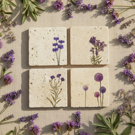 Floral – Doğal Taş Bardak Altlığı 4'lü Set