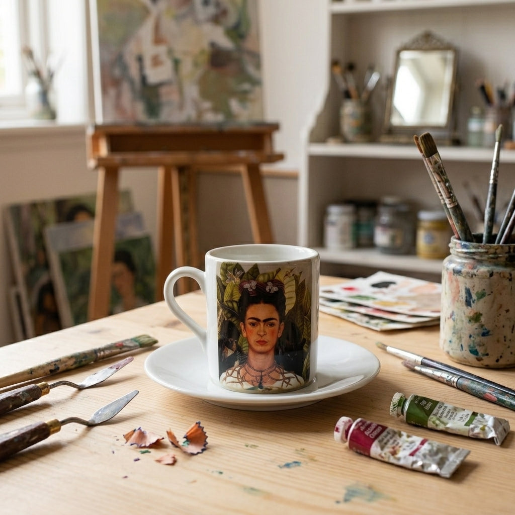 Frida Kahlo – Dikenli Kolyeli Otoportre (Self-Portrait with Thorn Necklace) Türk Kahvesi Fincanı – görsel 2