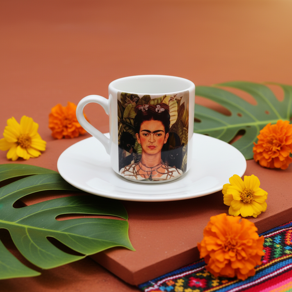 Frida Kahlo – Dikenli Kolyeli Otoportre (Self-Portrait with Thorn Necklace) Türk Kahvesi Fincanı – görsel 3