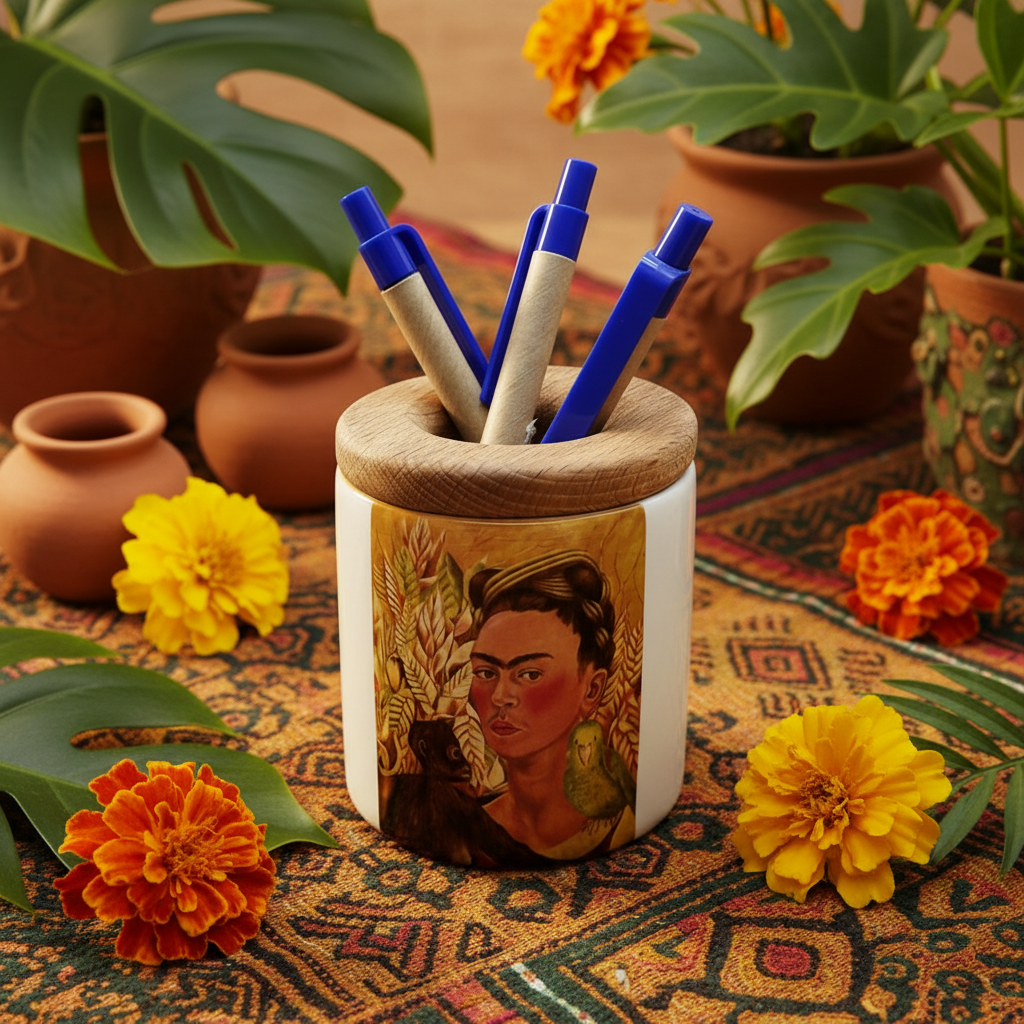 Frida Kahlo – Dikenli Kolyeli Otoportre (Self-Portrait with Thorn Necklace) Ahşap Kapaklı Seramik Kalemlik – görsel 3