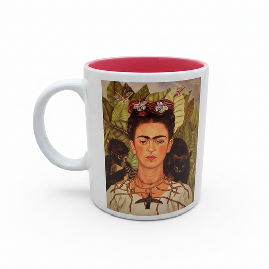 Frida Kahlo – Dikenli Kolyeli Otoportre (Self-Portrait with Thorn Necklace) İçi Pembe Seramik Kupa