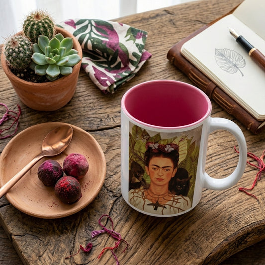 Frida Kahlo – Dikenli Kolyeli Otoportre (Self-Portrait with Thorn Necklace) İçi Pembe Seramik Kupa – görsel 2