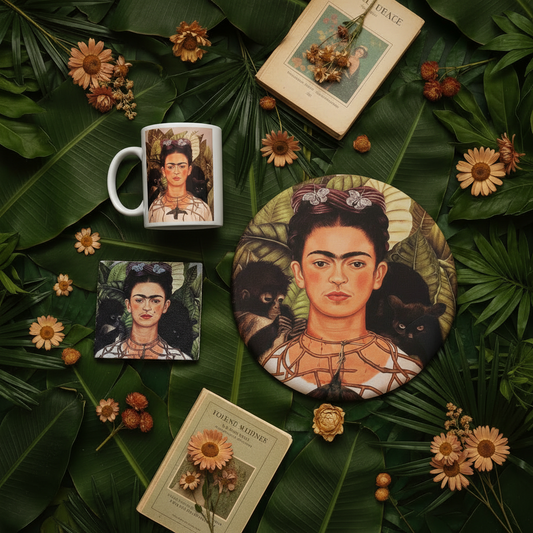 Frida Kahlo – Dikenli Kolyeli Otoportre (Self-Portrait with Thorn Necklace) Kupa, Mouse Pad ve Bardak Altlığı Seti – görsel 2