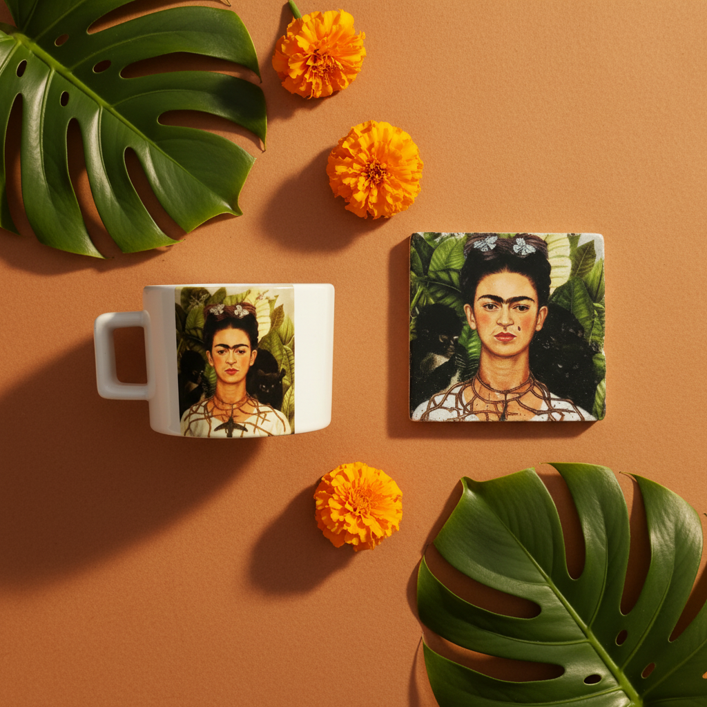 Frida Kahlo – Dikenli Kolyeli Otoportre (Self-Portrait with Thorn Necklace) Çay/Kahve Fincanı ve Bardak Altlığı Seti – görsel 2