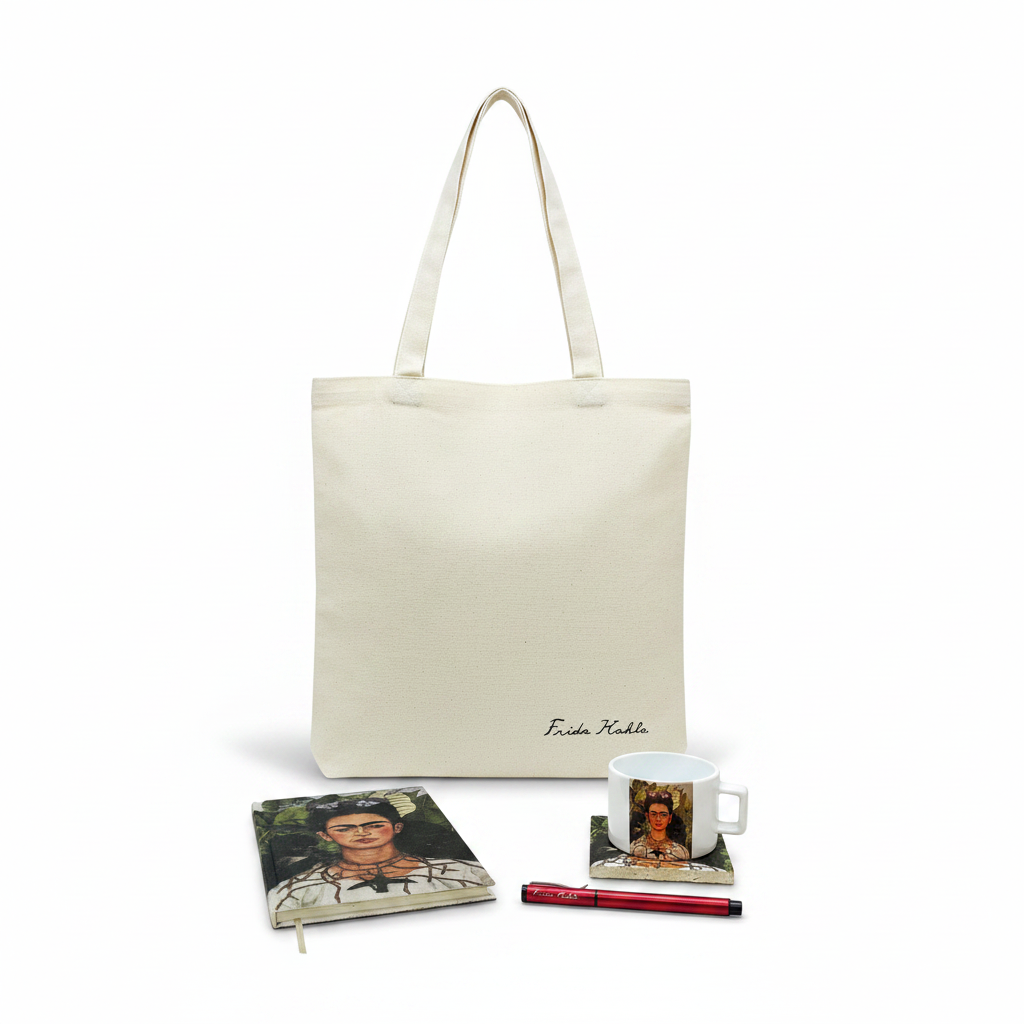 Frida Kahlo – Dikenli Kolyeli Otoportre (Self-Portrait with Thorn Necklace) Fincan, Bardak Altlığı, Defter, Kalem ve Kanvas Çanta Seti