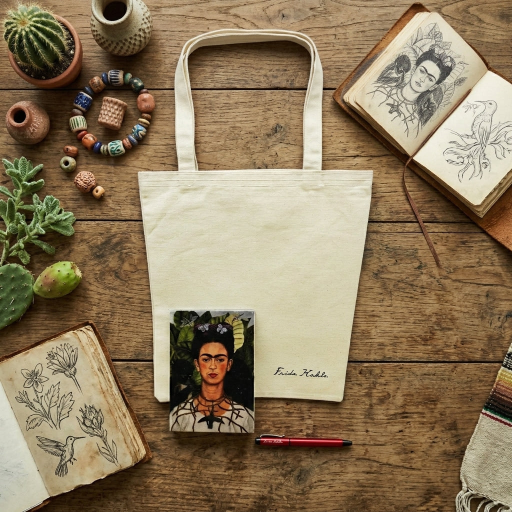 Frida Kahlo – Dikenli Kolyeli Otoportre (Self-Portrait with Thorn Necklace) Defter, Kalem ve Kanvas Çanta Seti – görsel 2