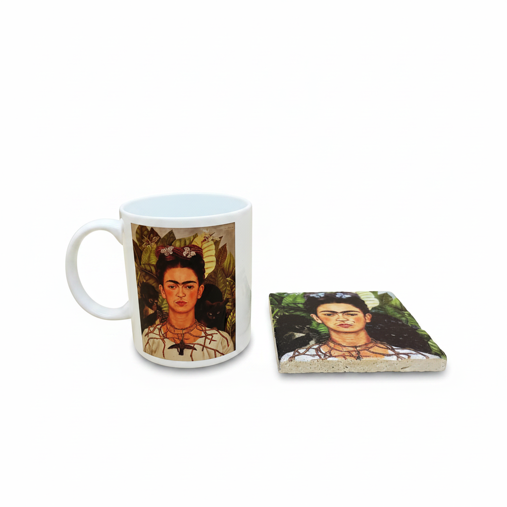 Frida Kahlo – Dikenli Kolyeli Otoportre (Self-Portrait with Thorn Necklace) Kupa ve Bardak Altlığı Seti – görsel 3
