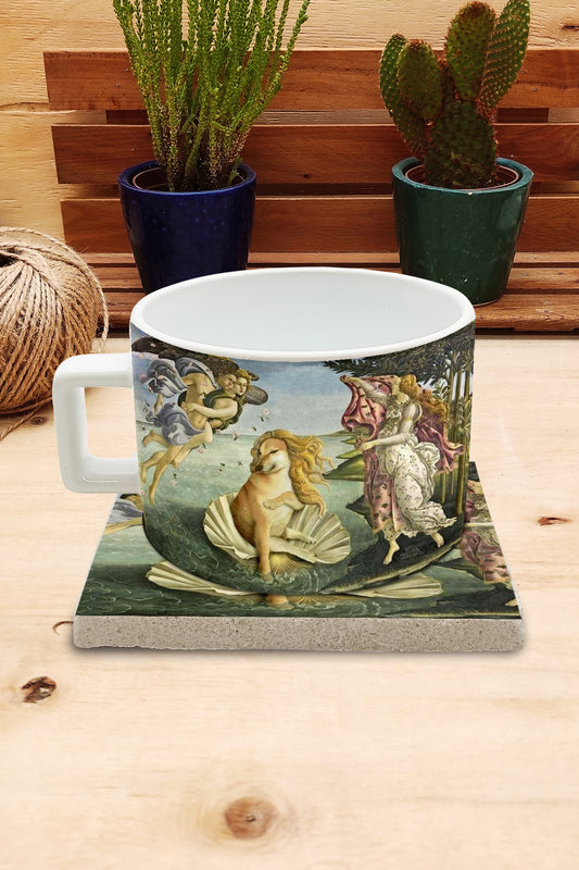 Hayvanlar ve Sanat – Botticelli Venüs'ün Doğuşu (The Birth of Venus) Çay/Kahve Fincanı ve Bardak Altlığı Seti – görsel 2
