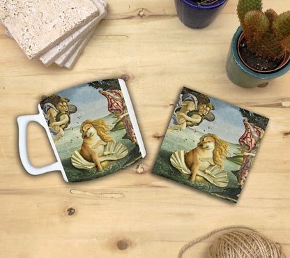 Hayvanlar ve Sanat – Botticelli Venüs'ün Doğuşu (The Birth of Venus) Yelken Kulplu Kupa ve Bardak Altlığı Seti