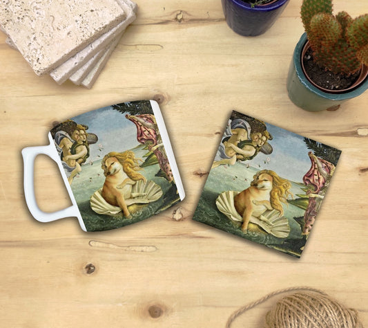Hayvanlar ve Sanat – Botticelli Venüs'ün Doğuşu (The Birth of Venus) Yelken Kulplu Kupa ve Bardak Altlığı Seti