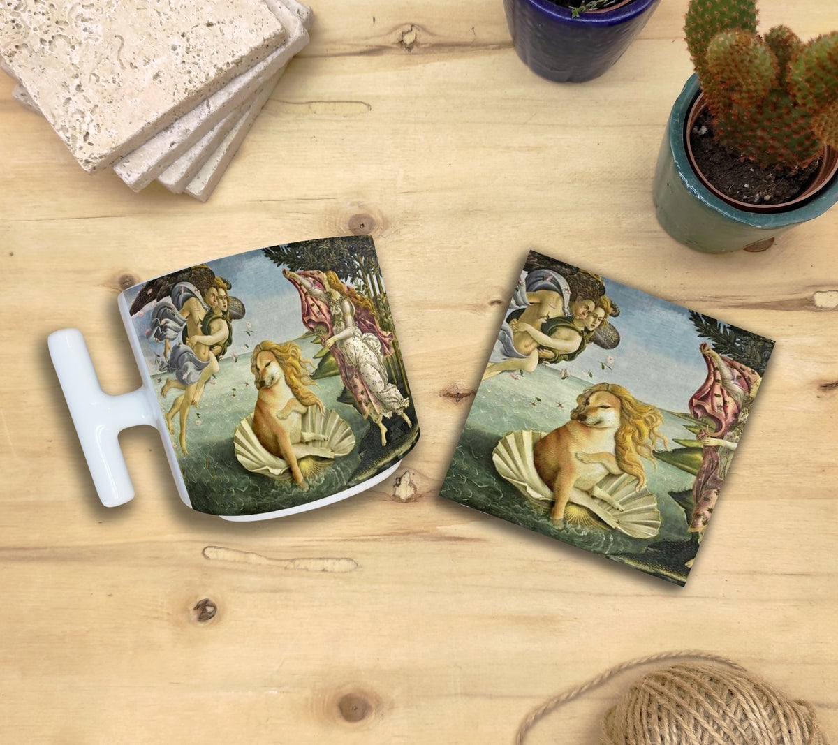 Hayvanlar ve Sanat – Botticelli Venüs'ün Doğuşu (The Birth of Venus) T Kulplu Kupa ve Bardak Altlığı Seti