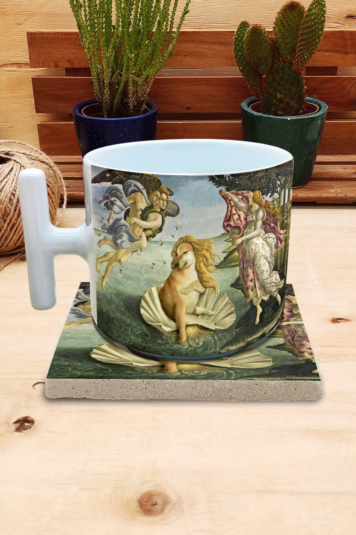 Hayvanlar ve Sanat – Botticelli Venüs'ün Doğuşu (The Birth of Venus) T Kulplu Kupa ve Bardak Altlığı Seti – görsel 2