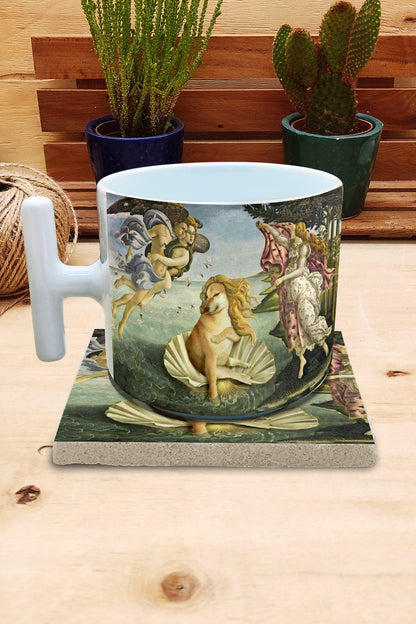Hayvanlar ve Sanat – Botticelli Venüs'ün Doğuşu (The Birth of Venus) T Kulplu Kupa ve Bardak Altlığı Seti – görsel 2