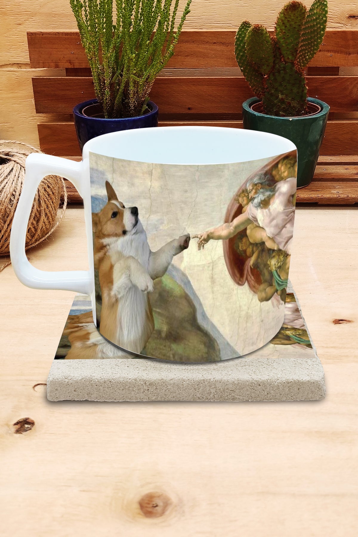 Hayvanlar ve Sanat – Michelangelo Adem'in Yaratılışı (The Creation of Adam) Yelken Kulplu Kupa ve Bardak Altlığı Seti – görsel 2