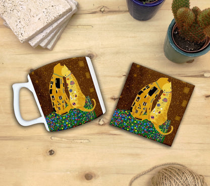 Kediler ve Sanat – Âşık Kediler, Klimt Öpücük (The Kiss) Yelken Kulplu Kupa ve Bardak Altlığı Seti
