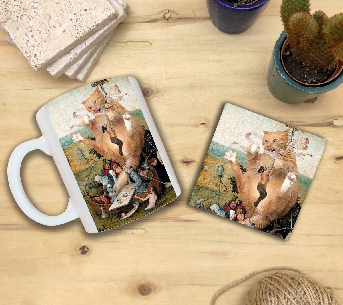 Kediler ve Sanat – Bosch Aptallar Gemisi (Ship of Fools) Kupa ve Bardak Altlığı Seti