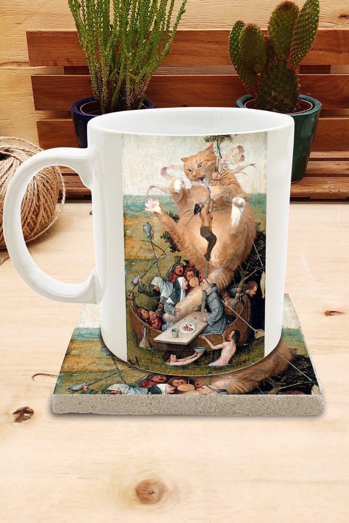 Kediler ve Sanat – Bosch Aptallar Gemisi (Ship of Fools) Kupa ve Bardak Altlığı Seti – görsel 2