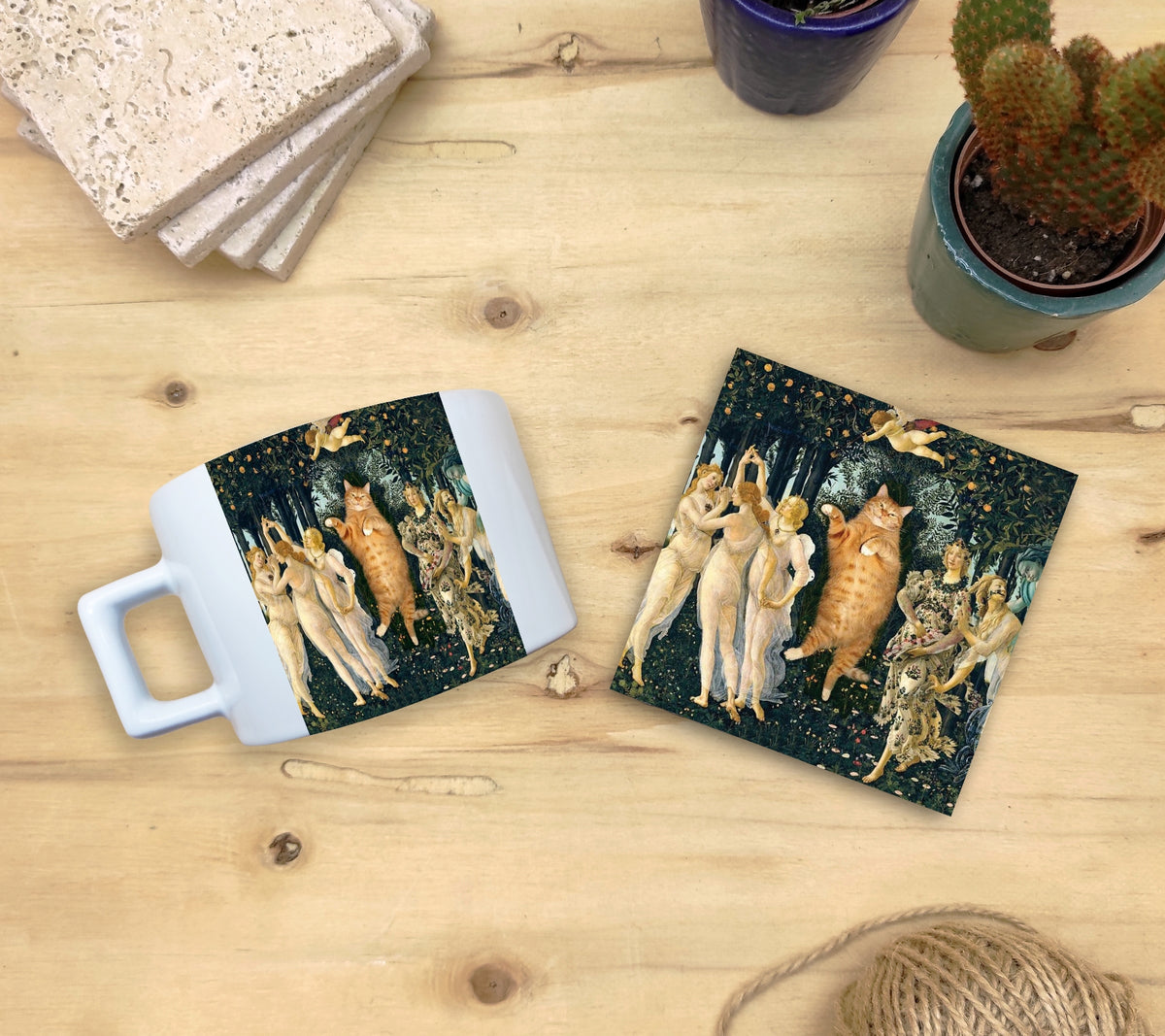Kediler ve Sanat – Botticelli Primavera Çay/Kahve Fincanı ve Bardak Altlığı Seti