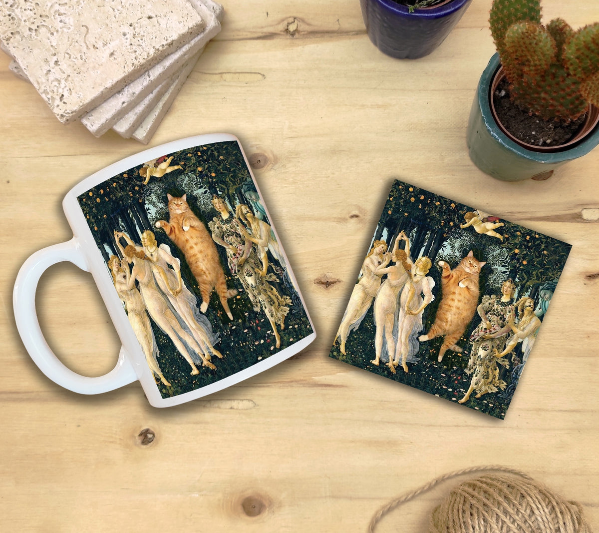 Kediler ve Sanat – Botticelli Primavera Kupa ve Bardak Altlığı Seti