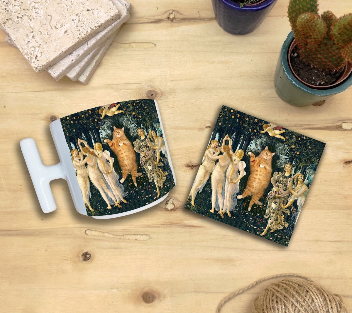 Kediler ve Sanat – Botticelli Primavera T Kulplu Kupa ve Bardak Altlığı Seti