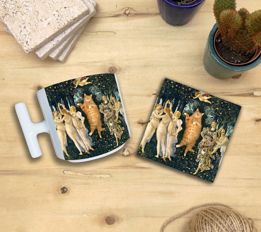 Kediler ve Sanat – Botticelli Primavera T Kulplu Kupa ve Bardak Altlığı Seti