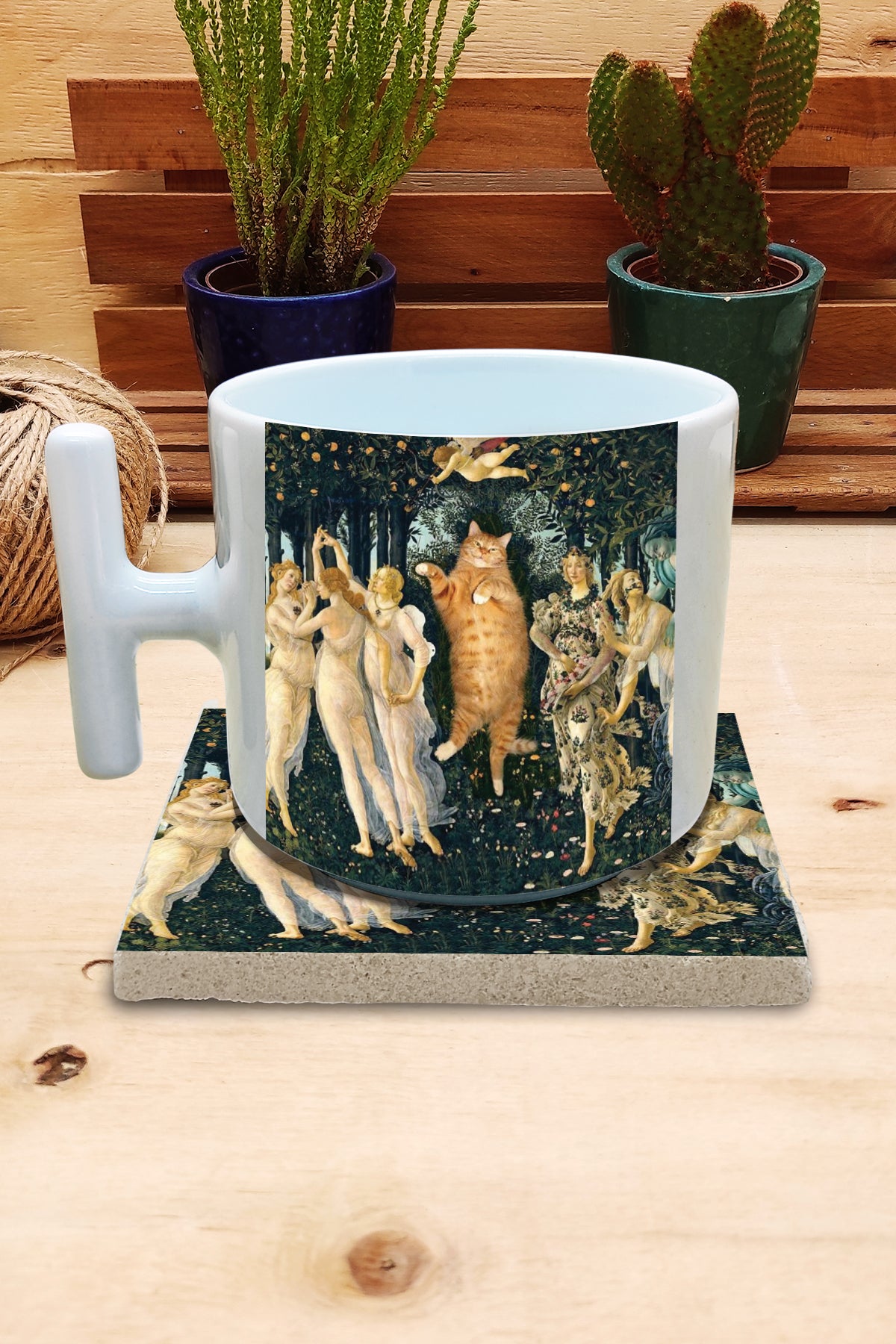 Kediler ve Sanat – Botticelli Primavera T Kulplu Kupa ve Bardak Altlığı Seti – görsel 2
