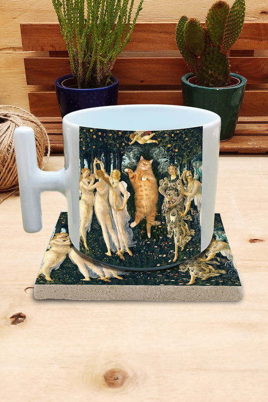 Kediler ve Sanat – Botticelli Primavera T Kulplu Kupa ve Bardak Altlığı Seti – görsel 2