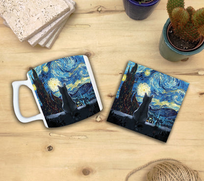 Kediler ve Sanat – Geceyi Seyreden Kedi, Van Gogh Yıldızlı Gece (The Starry Night) Yelken Kulplu Kupa ve Bardak Altlığı Seti