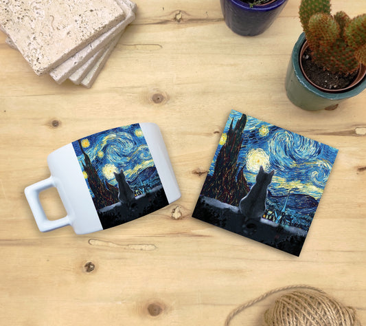 Kediler ve Sanat – Geceyi Seyreden Kedi, Van Gogh Yıldızlı Gece (The Starry Night) Çay/Kahve Fincanı ve Bardak Altlığı Seti