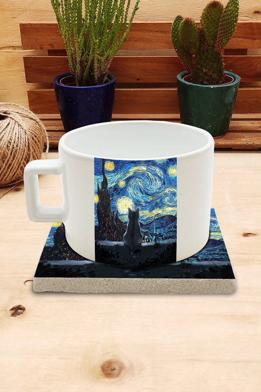 Kediler ve Sanat – Geceyi Seyreden Kedi, Van Gogh Yıldızlı Gece (The Starry Night) Çay/Kahve Fincanı ve Bardak Altlığı Seti – görsel 2