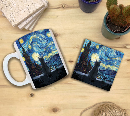 Kediler ve Sanat – Geceyi Seyreden Kedi, Van Gogh Yıldızlı Gece (The Starry Night) Kupa ve Bardak Altlığı Seti
