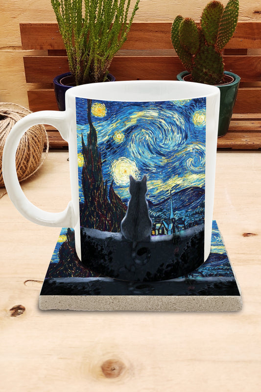 Kediler ve Sanat – Geceyi Seyreden Kedi, Van Gogh Yıldızlı Gece (The Starry Night) Kupa ve Bardak Altlığı Seti – görsel 2
