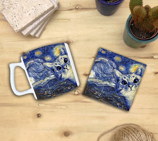 Kediler ve Sanat – Gökyüzündeki Beyaz Kedi, Van Gogh Yıldızlı Gece (The Starry Night) Yelken Kulplu Kupa ve Bardak Altlığı Seti