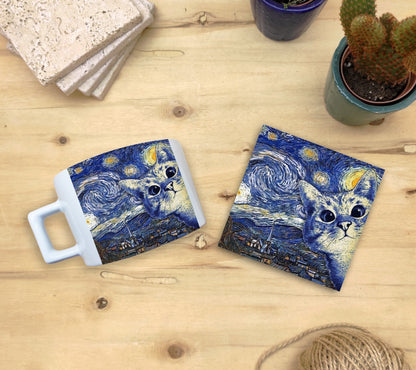 Kediler ve Sanat – Gökyüzündeki Beyaz Kedi, Van Gogh Yıldızlı Gece (The Starry Night) Çay/Kahve Fincanı ve Bardak Altlığı Seti