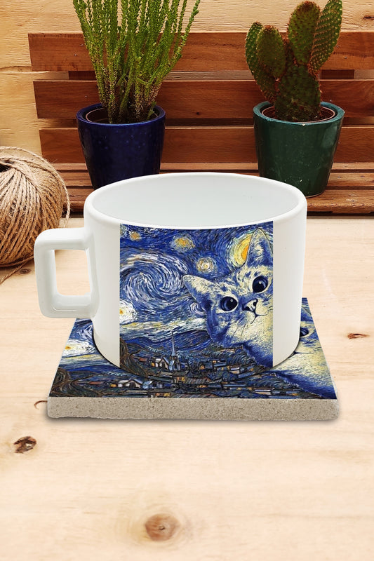 Kediler ve Sanat – Gökyüzündeki Beyaz Kedi, Van Gogh Yıldızlı Gece (The Starry Night) Çay/Kahve Fincanı ve Bardak Altlığı Seti – görsel 2
