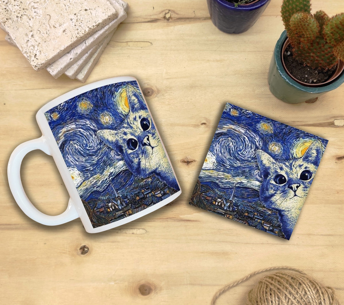 Kediler ve Sanat – Gökyüzündeki Beyaz Kedi, Van Gogh Yıldızlı Gece (The Starry Night) Kupa ve Bardak Altlığı Seti