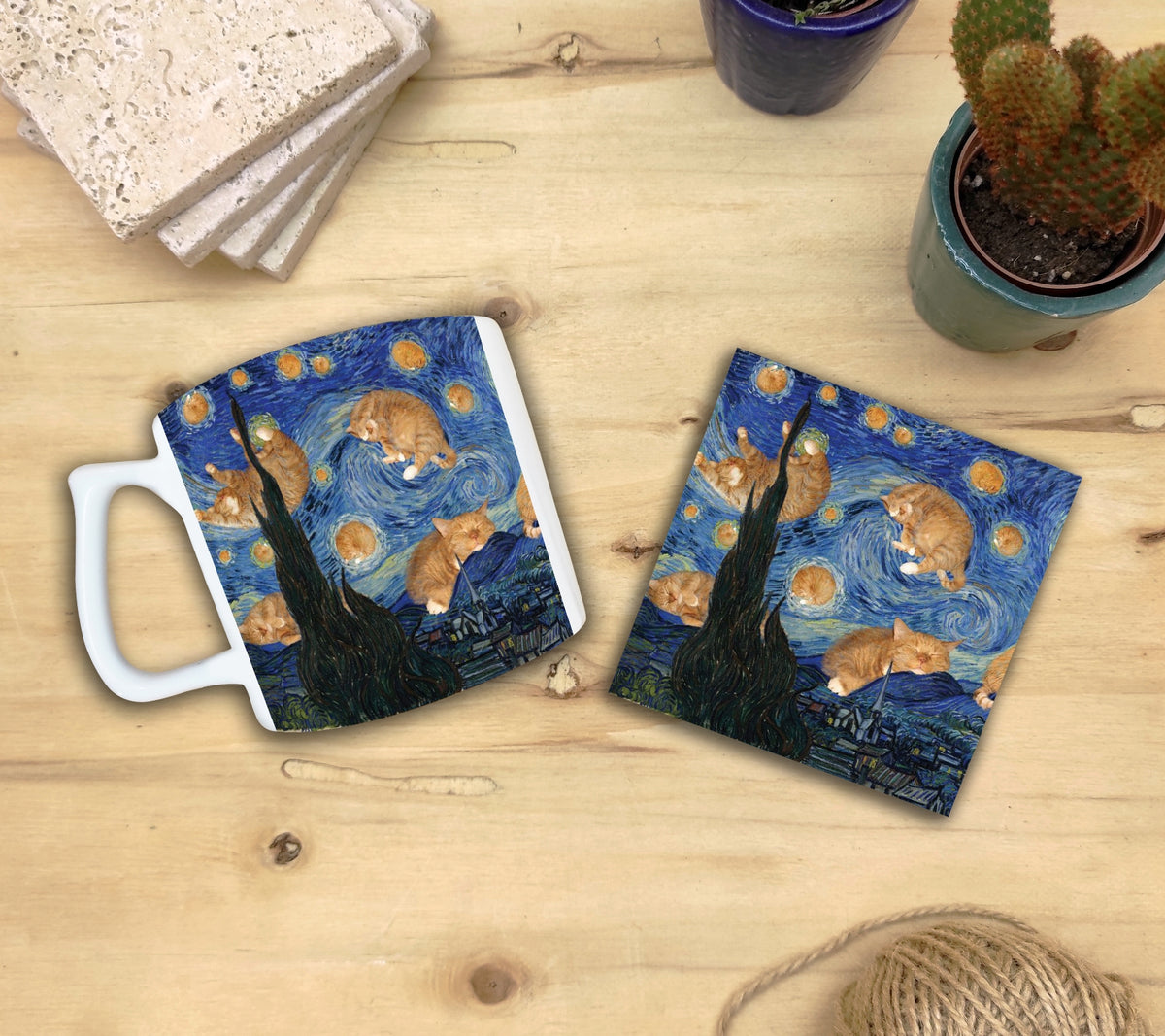 Kediler ve Sanat – Gökyüzündeki Turuncu Kediler, Van Gogh Yıldızlı Gece (The Starry Night) Yelken Kulplu Kupa ve Bardak Altlığı Seti