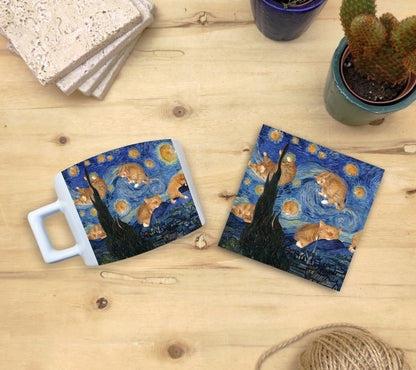 Kediler ve Sanat – Gökyüzündeki Turuncu Kediler, Van Gogh Yıldızlı Gece (The Starry Night) Çay/Kahve Fincanı ve Bardak Altlığı Seti
