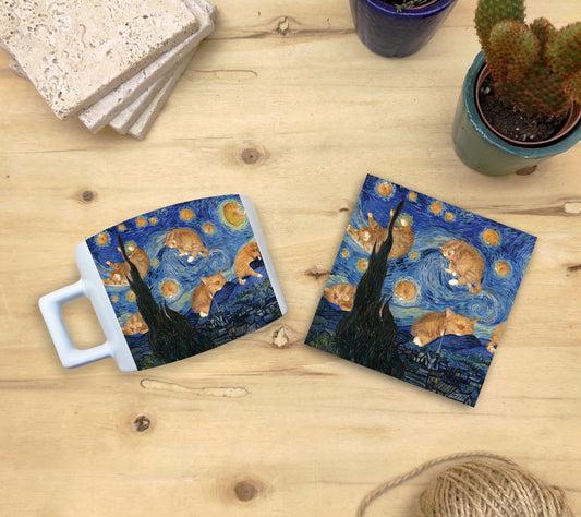 Kediler ve Sanat – Gökyüzündeki Turuncu Kediler, Van Gogh Yıldızlı Gece (The Starry Night) Çay/Kahve Fincanı ve Bardak Altlığı Seti