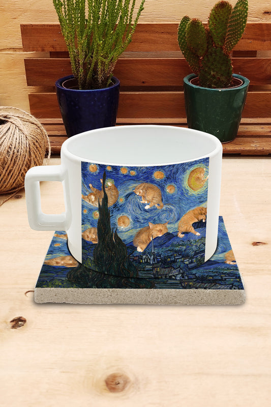 Kediler ve Sanat – Gökyüzündeki Turuncu Kediler, Van Gogh Yıldızlı Gece (The Starry Night) Çay/Kahve Fincanı ve Bardak Altlığı Seti – görsel 2