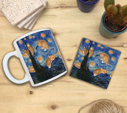 Kediler ve Sanat – Gökyüzündeki Turuncu Kediler, Van Gogh Yıldızlı Gece (The Starry Night) Kupa ve Bardak Altlığı Seti