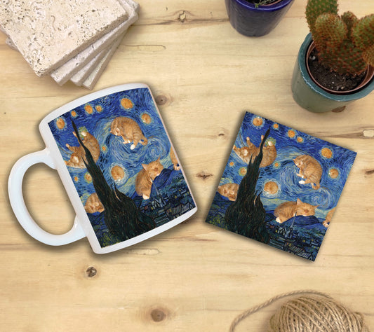 Kediler ve Sanat – Gökyüzündeki Turuncu Kediler, Van Gogh Yıldızlı Gece (The Starry Night) Kupa ve Bardak Altlığı Seti