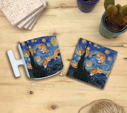 Kediler ve Sanat – Gökyüzündeki Turuncu Kediler, Van Gogh Yıldızlı Gece (The Starry Night) T Kulplu Kupa ve Bardak Altlığı Seti
