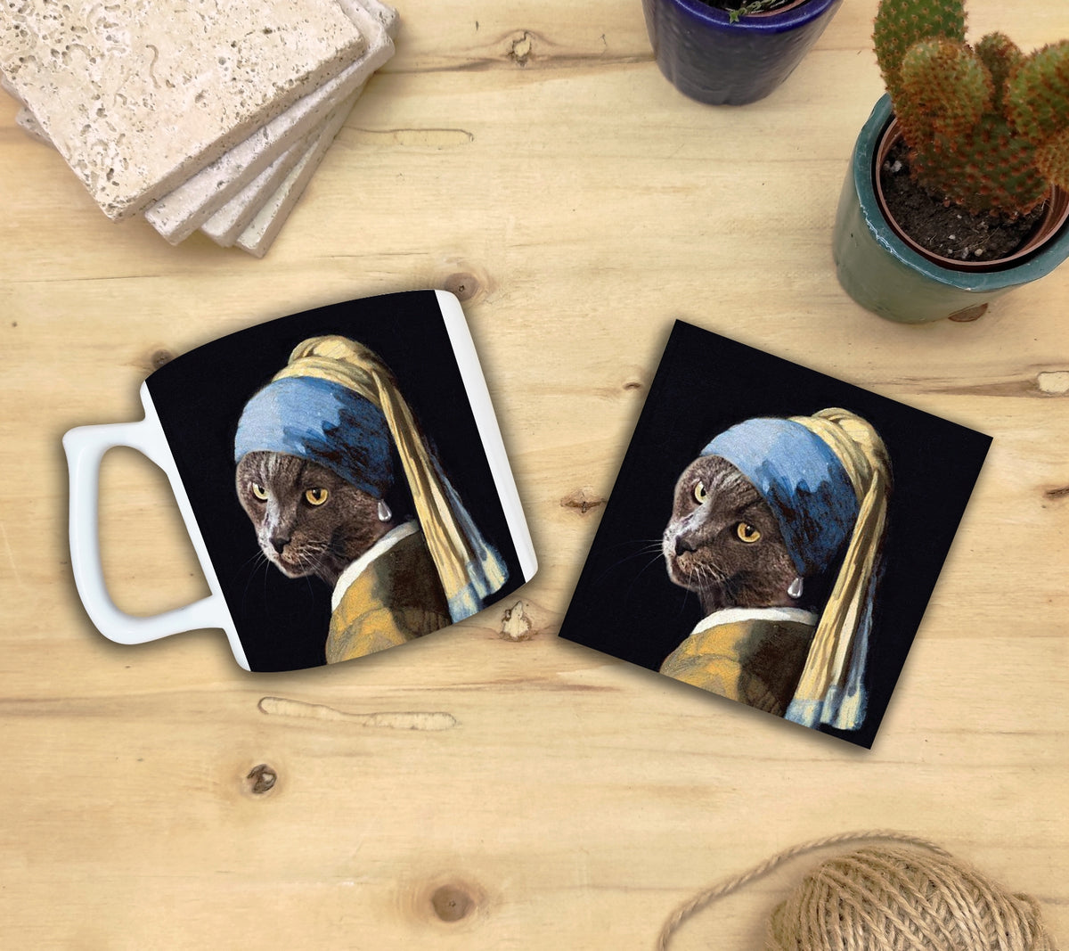 Kediler ve Sanat – Gri Kedi, Vermeer İnci Küpeli Kız (Girl with a Pearl Earring) Yelken Kulplu Kupa ve Bardak Altlığı Seti