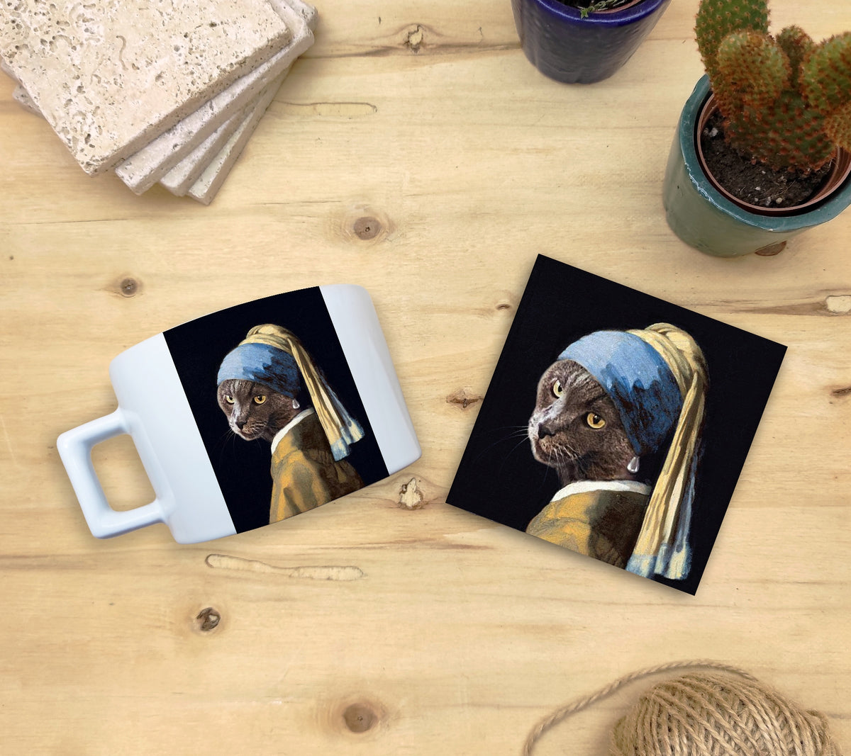 Kediler ve Sanat – Gri Kedi, Vermeer İnci Küpeli Kız (Girl with a Pearl Earring) Çay/Kahve Fincanı ve Bardak Altlığı Seti