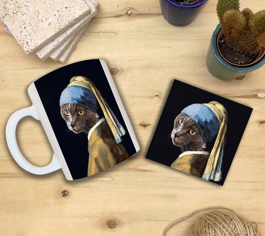 Kediler ve Sanat – Gri Kedi, Vermeer İnci Küpeli Kız (Girl with a Pearl Earring) Kupa ve Bardak Altlığı Seti