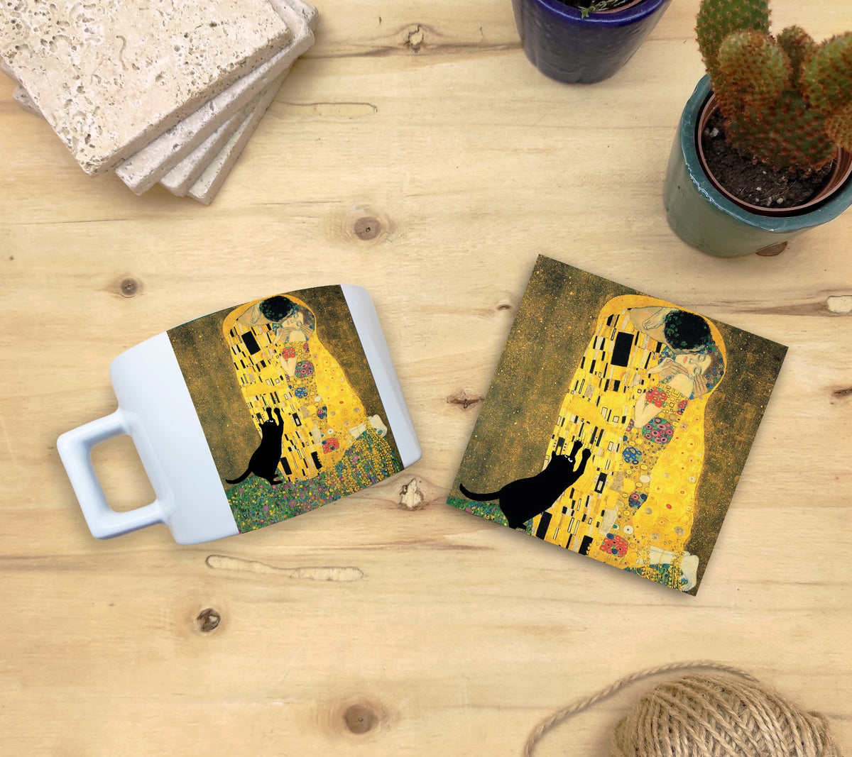 Kediler ve Sanat – Kara Kedi, Klimt Öpücük (The Kiss) Çay/Kahve Fincanı ve Bardak Altlığı Seti