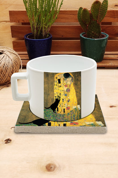 Kediler ve Sanat – Kara Kedi, Klimt Öpücük (The Kiss) Çay/Kahve Fincanı ve Bardak Altlığı Seti – görsel 2