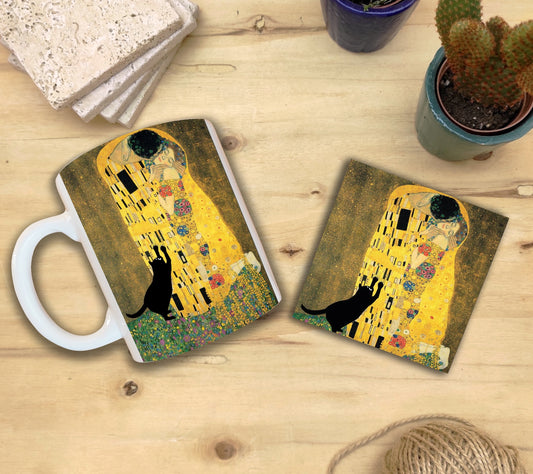 Kediler ve Sanat – Kara Kedi, Klimt Öpücük (The Kiss) Kupa ve Bardak Altlığı Seti