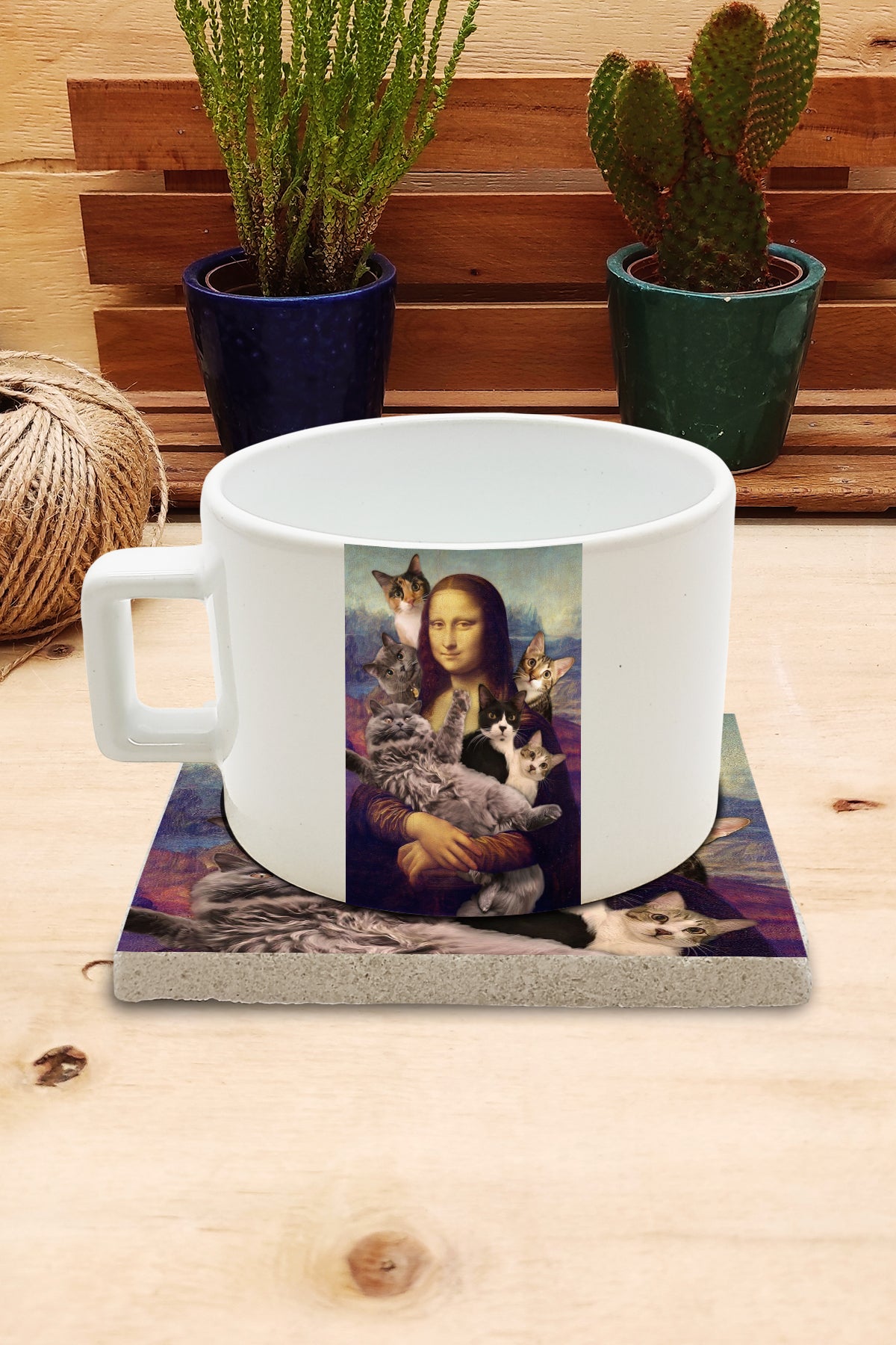 Kediler ve Sanat – Kedi Sürüsü, Da Vinci Mona Lisa Çay/Kahve Fincanı ve Bardak Altlığı Seti – görsel 2